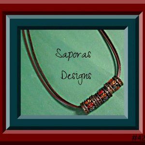 Antique Bronze In Color Necklace With Colorful Rhinestones & Brown Leather Chain